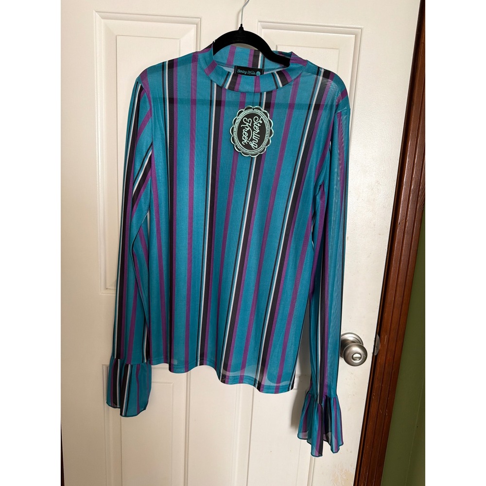 Sterling Kreek Gotta Be Me Mesh Top Teal Purple Striped Ruffle Cuff Mock Neck L